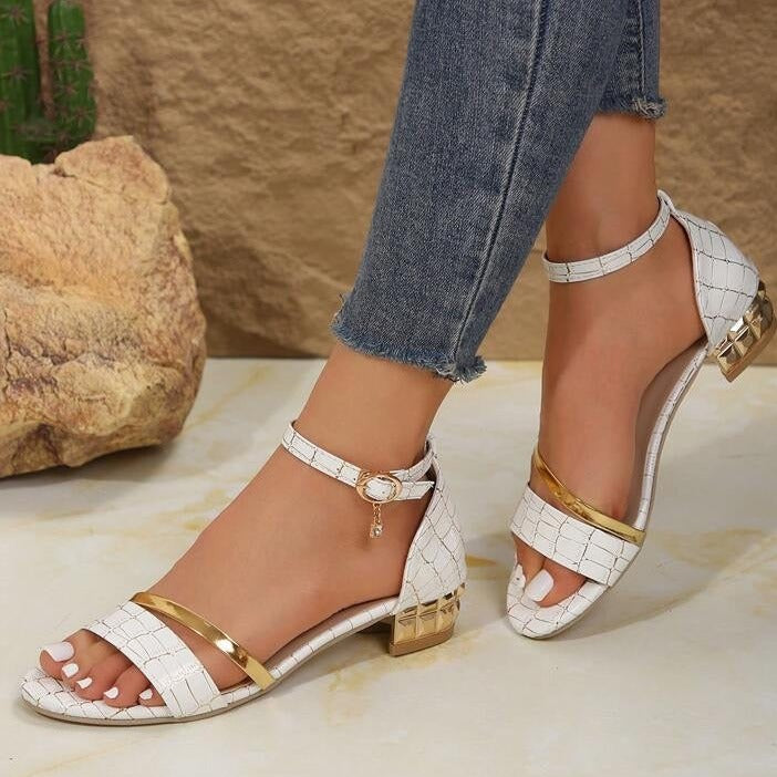Women's open-toe ankle strap sandals low block heel cushioned insole chic metallic accents
