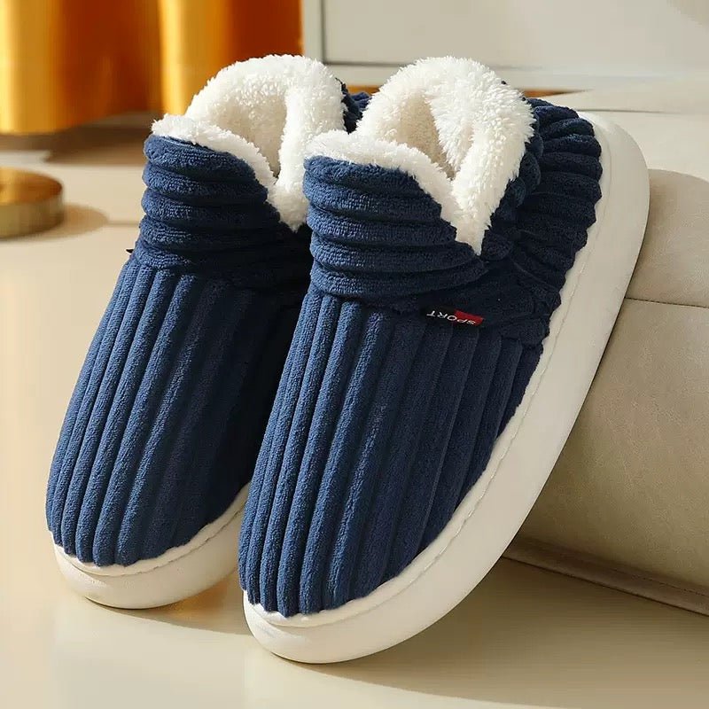 Unisex brown corduroy slippers with plush fleece lining, arch support, and antibacterial interior