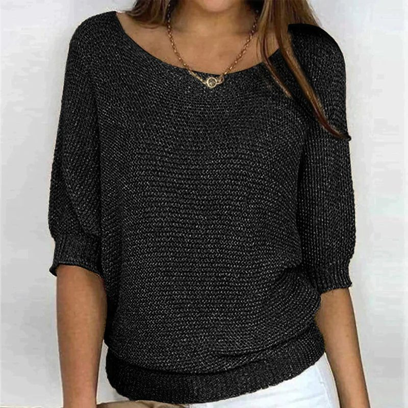 Women's loose knit pullover sweater relaxed fit wide crew neck textured cozy layering top
