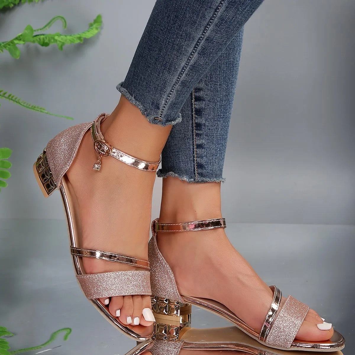 Women's open toe block heel sandals with metallic details and adjustable ankle strap for all-day comfort