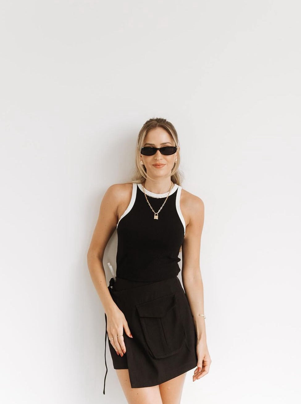 Women's cropped ribbed cotton tank top with contrast trim in sleek sporty fitted silhouette