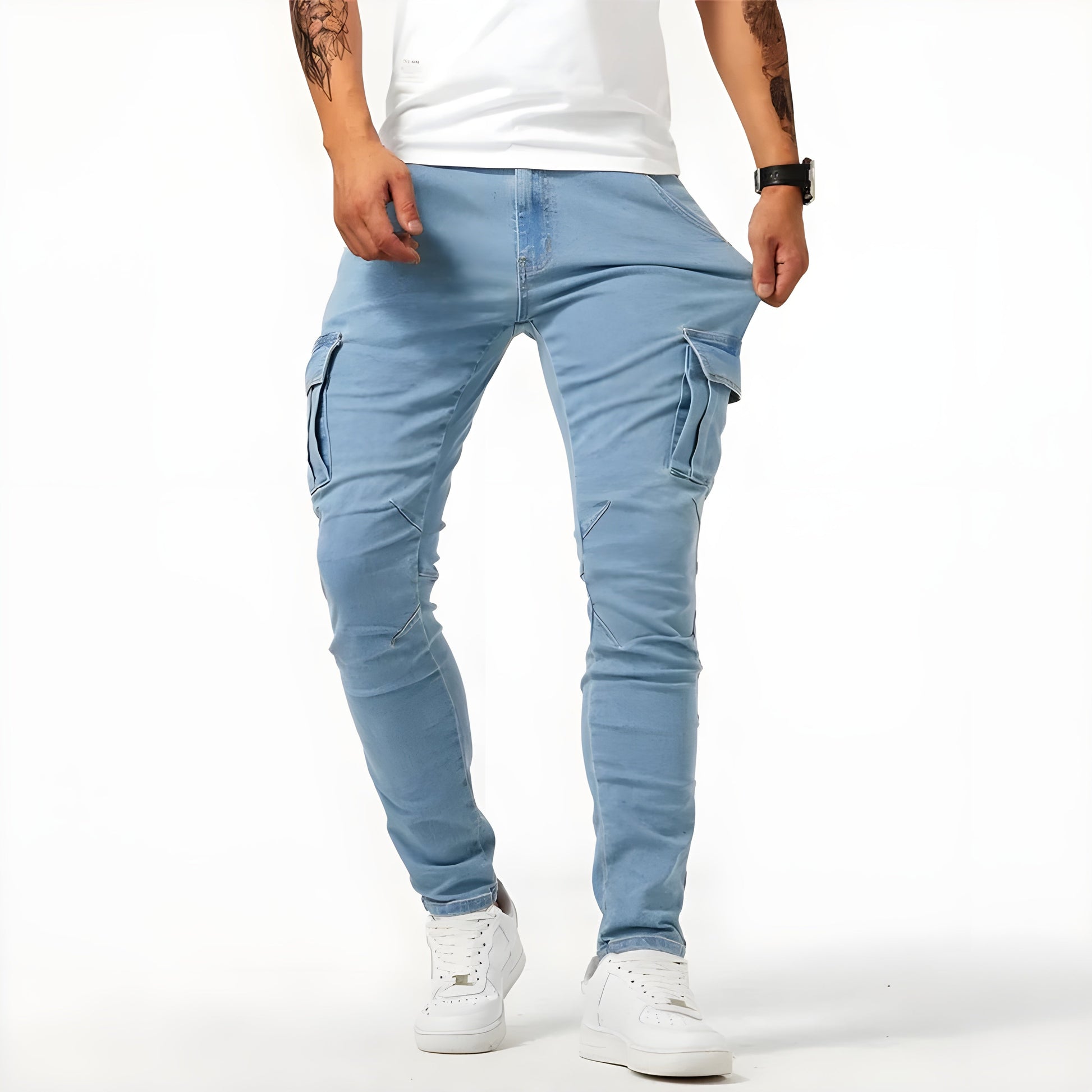 Men's slim fit olive cargo pants with multiple utility pockets for outdoor and everyday wear