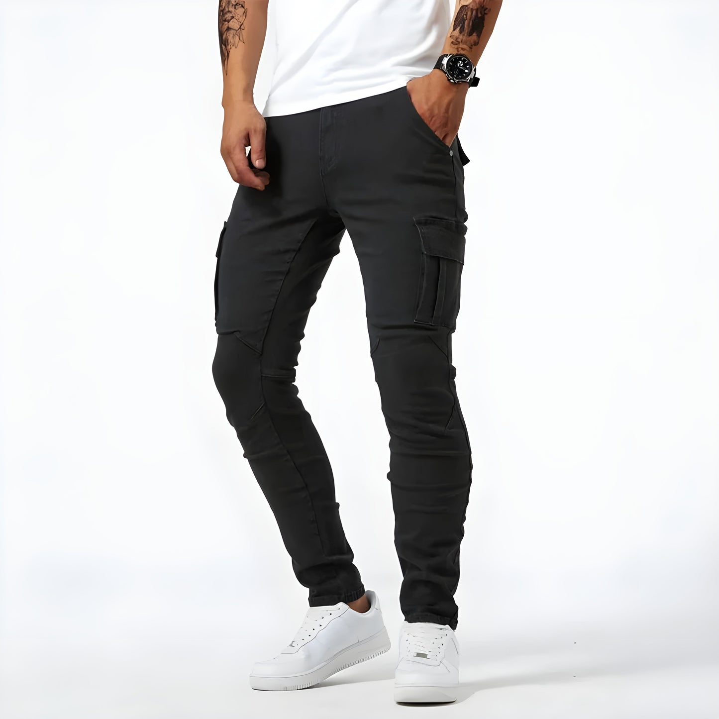 Men's slim fit khaki cargo pants with multi-pocket utility design for outdoor and everyday wear
