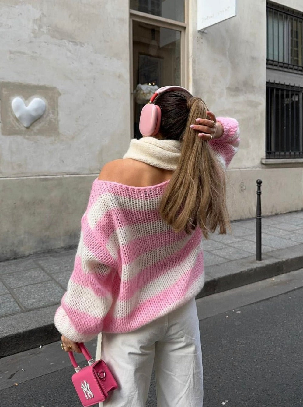 Women's oversized striped knit sweater round neckline navy blue white cozy mohair blend everyday comfort