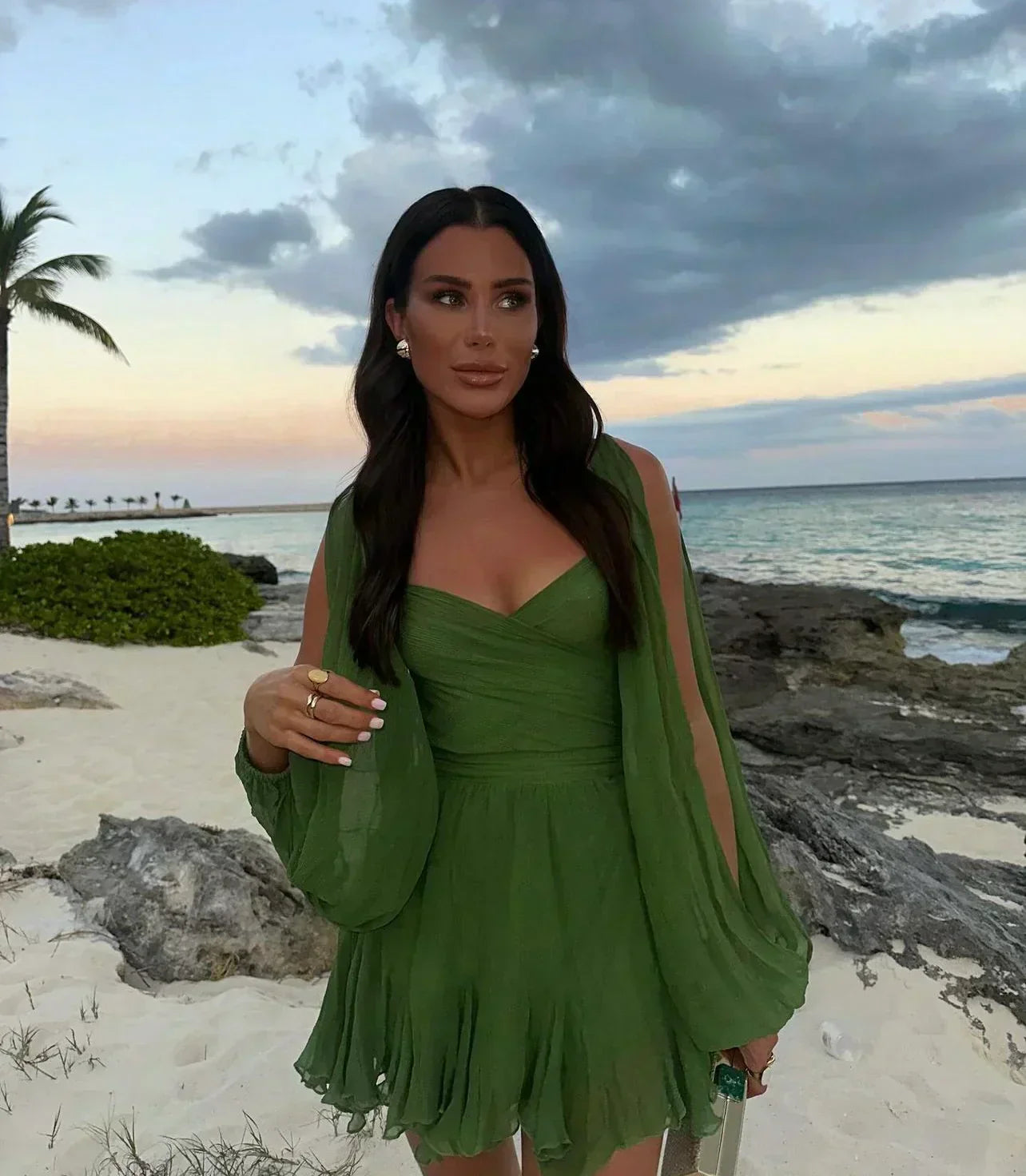 Stella wrap mini dress flowy sheer long sleeves lightweight summer style adjustable wrap-front silhouette