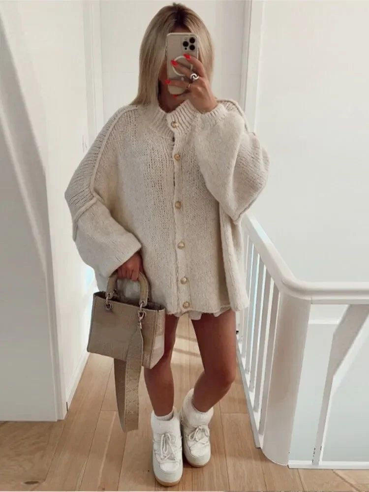 Women's oversized wool cardigan soft relaxed fit minimalist cozy warm luxurious knit layer