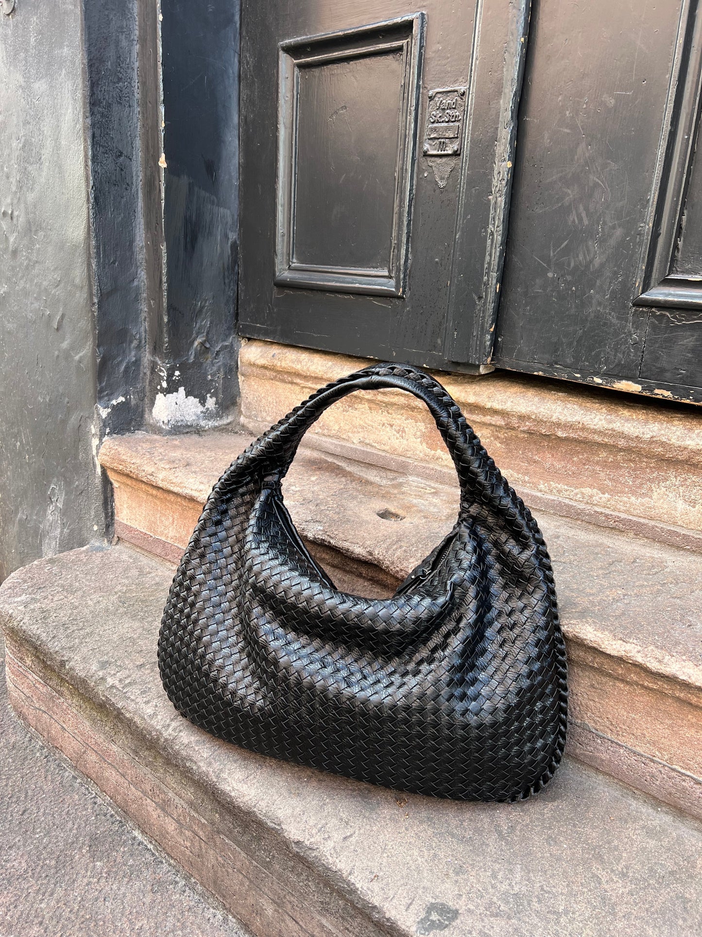 Women's round woven braided vegan leather shoulder handbag beige neutral everyday 13" MacBook fit