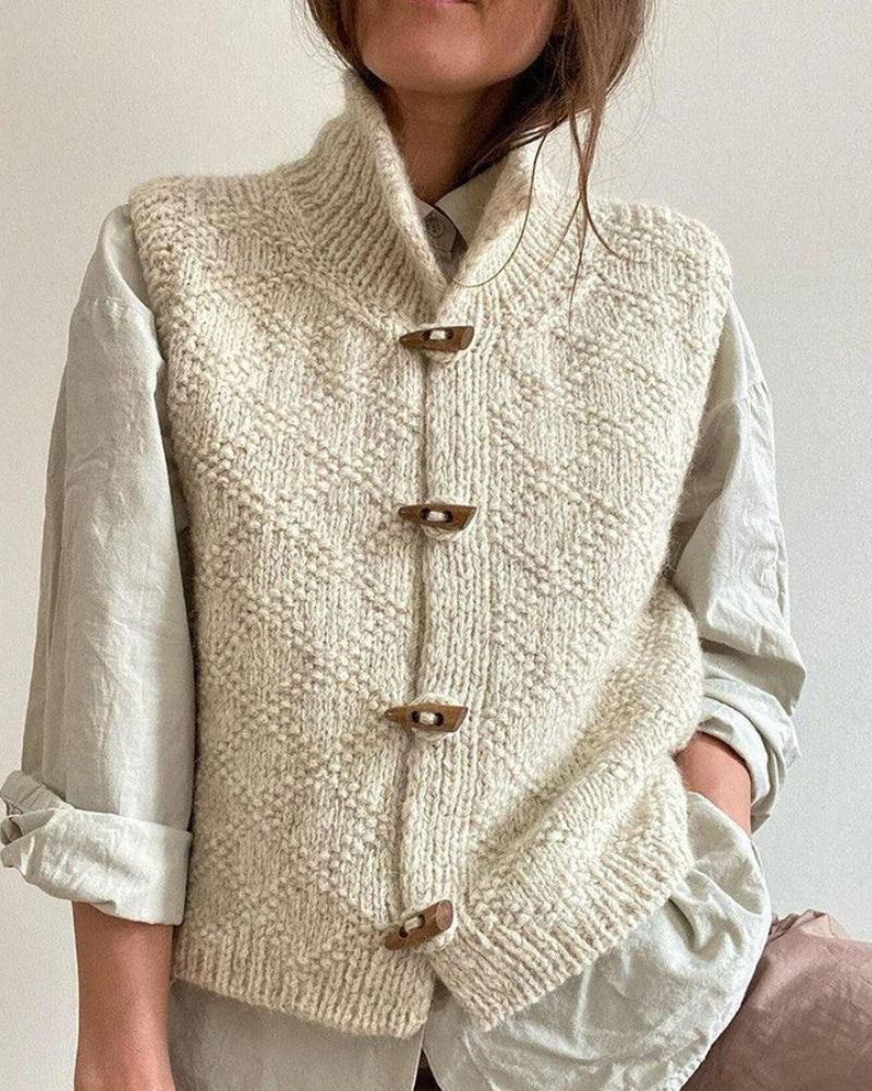 Women's chunky knit vest neutral tones high neck button-up with rustic texture and wooden buttons