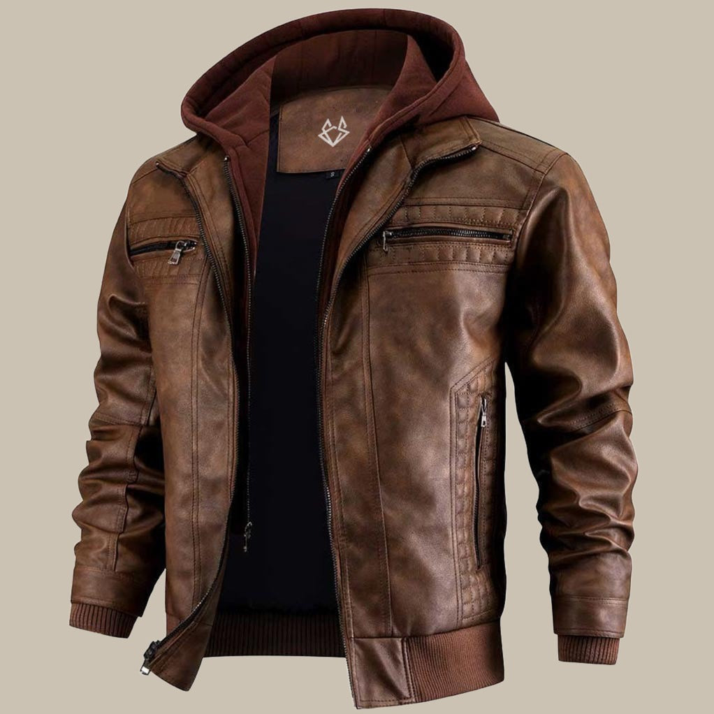 Men's black vegan leather hooded jacket sleek slim fit with functional pockets warm style
