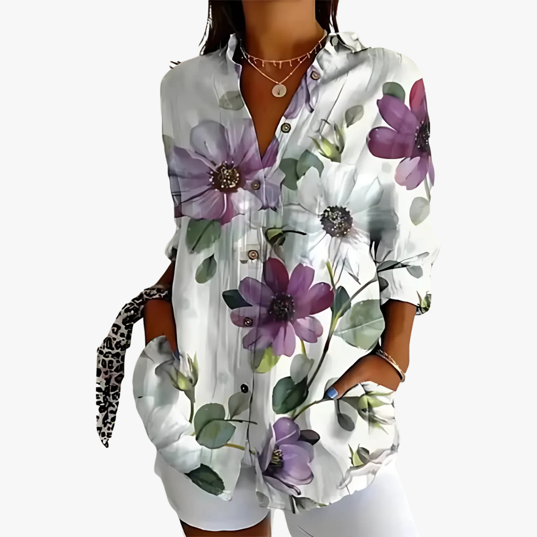 Women's white linen blouse with handcrafted embroidery, relaxed elegant cut for timeless artisanal style