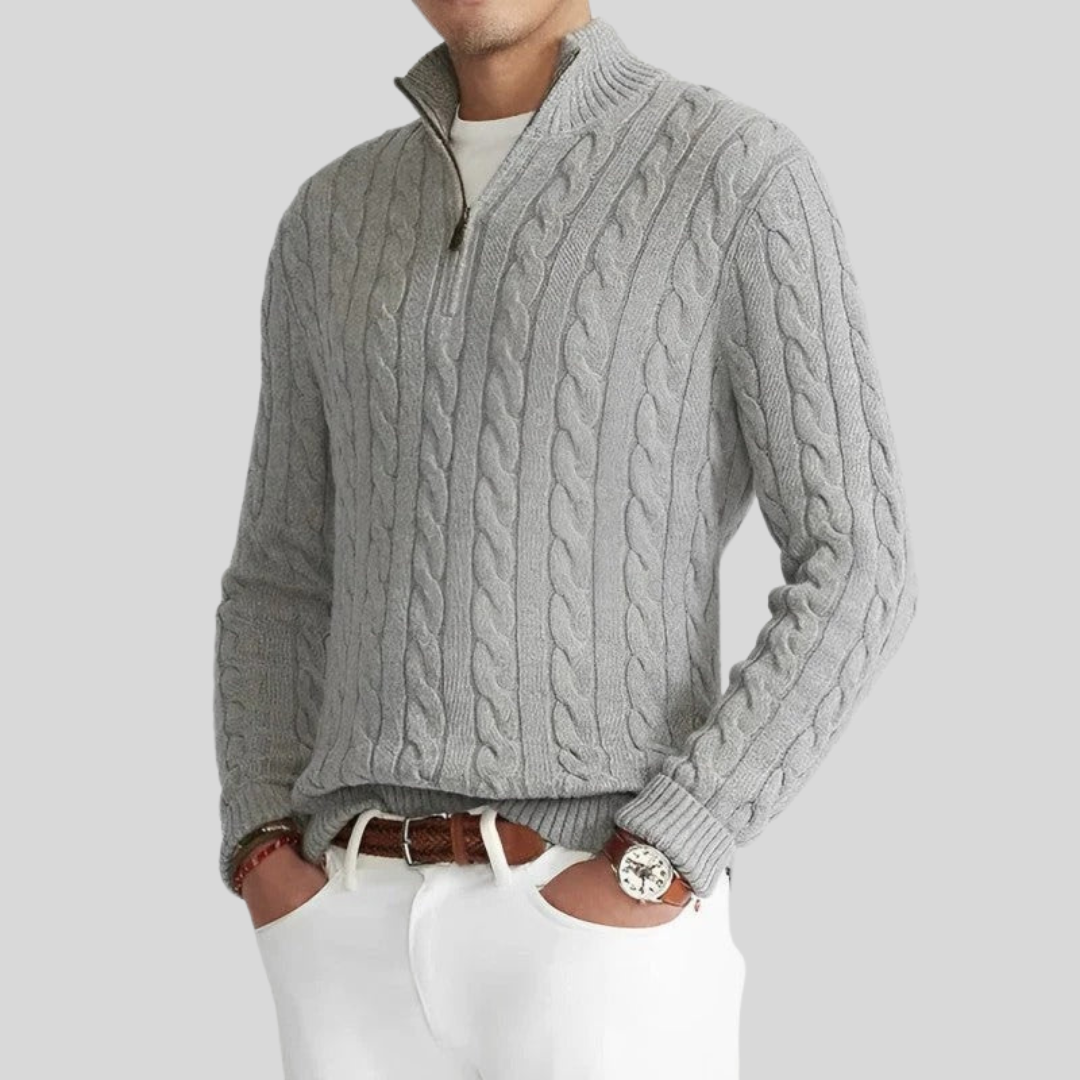 Men's cable knit wool blend sweater with zipper, timeless versatile style for everyday warmth