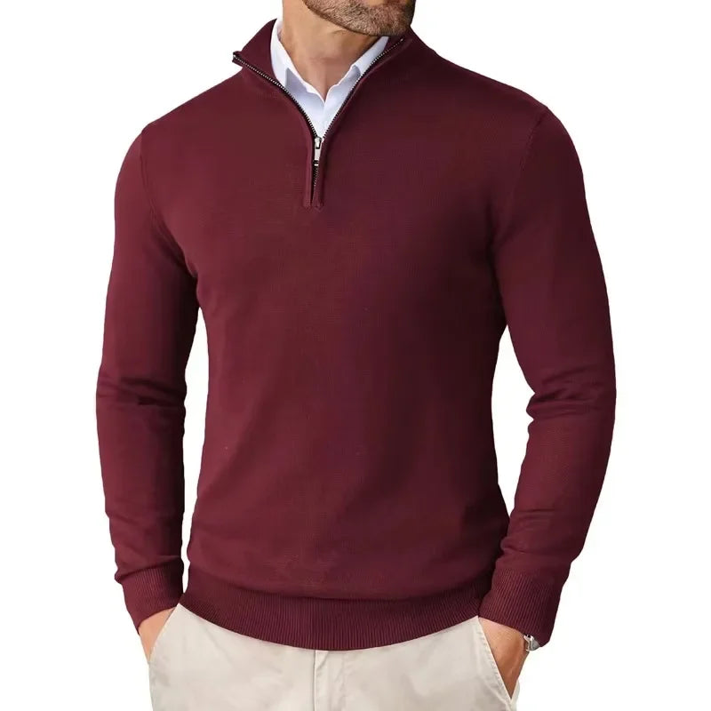Men's regular fit soft knit sweater with zip collar and ribbed edges for everyday urban style