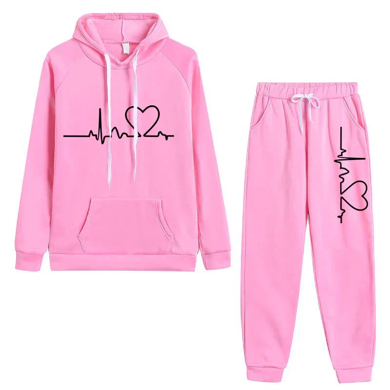 Women's hoodie and pants set neutral tones relaxed fit timeless pattern two-piece loungewear