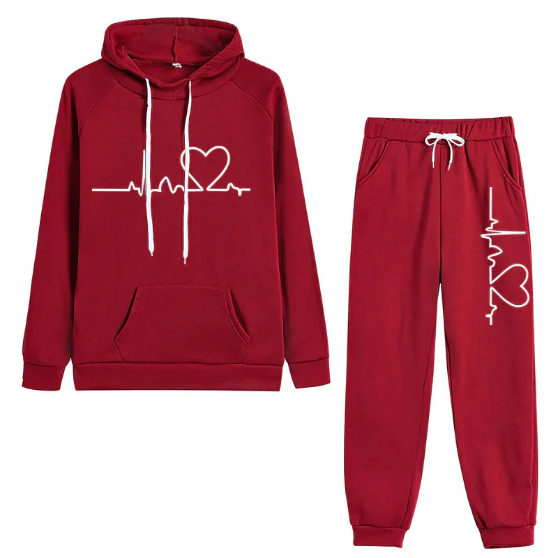 Women's hoodie and pants set neutral tones relaxed fit cozy timeless patterned loungewear co-ord