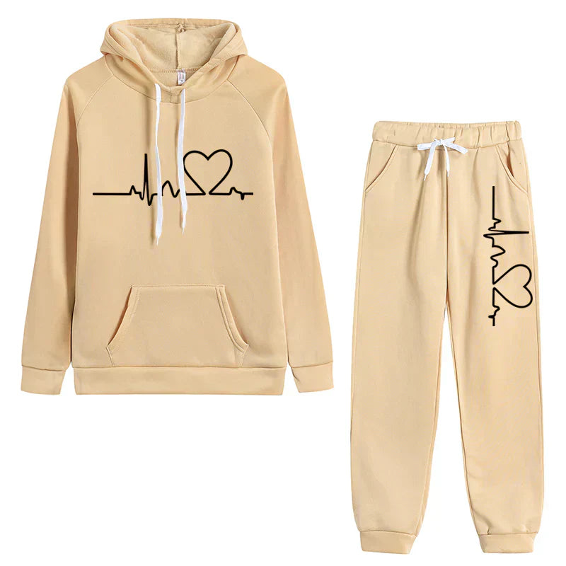 Women's hoodie and pants set neutral tones relaxed fit cozy timeless pattern matching loungewear