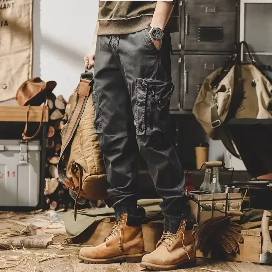Ian tactical cargo pants in rugged olive, weather-resistant fabric with reinforced stitching for outdoor use