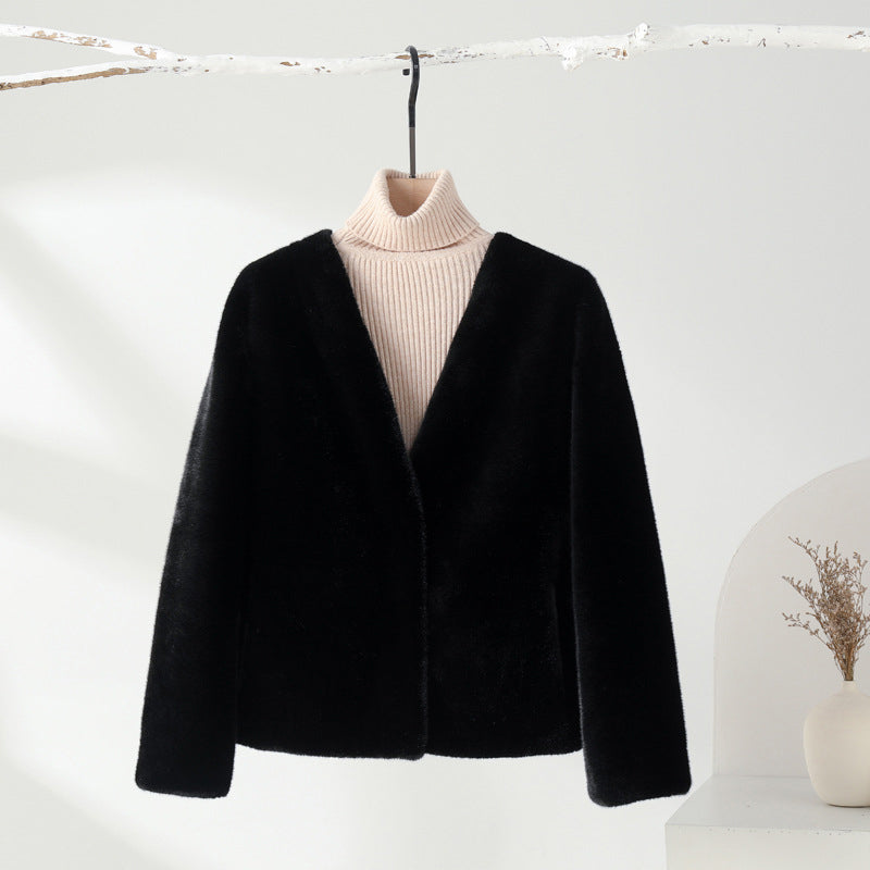 Sofia Amoretti velvet faux fur coat, avant-garde silhouette with button closure for women