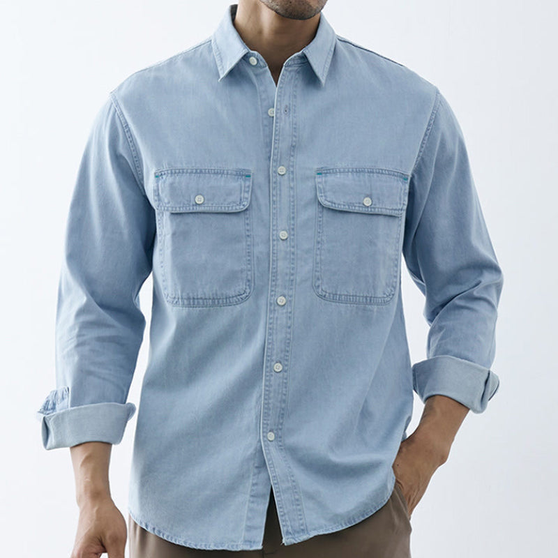 Roberto Russo midnight blue structured denim jacket with polo collar, tailored Italian silhouette for men