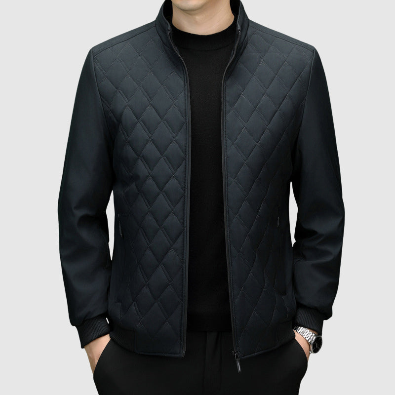 Men's navy poly-blend monogram jacket by Roberto Russo, subtle luxury winter outerwear with refined pattern