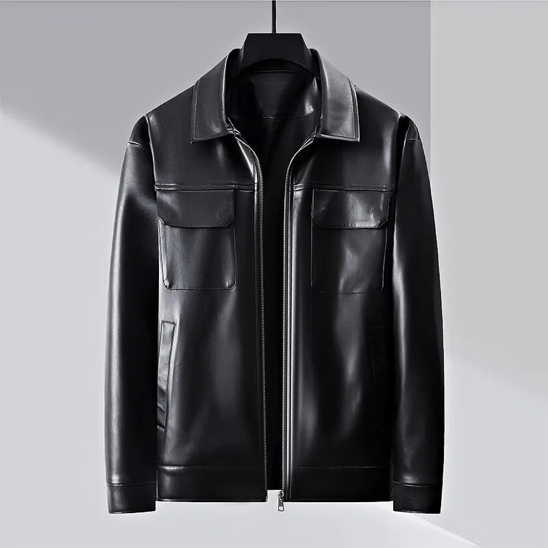 Black structured faux leather zip-up jacket with polished finish for modern professionals