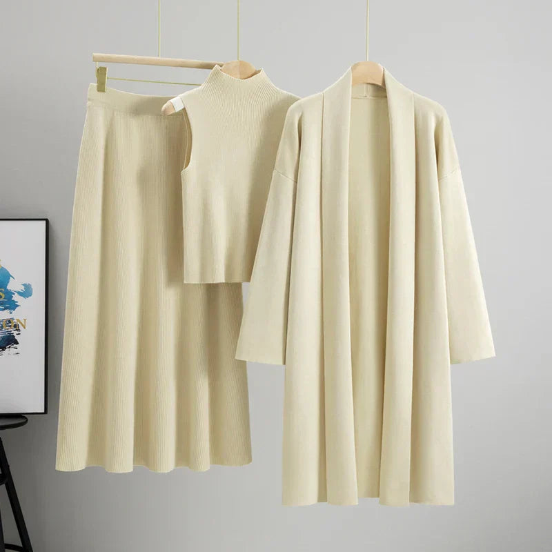 Women's ivory 3-piece loungewear set ribbed sleeveless top wide-flared skirt longline cardigan soft drape
