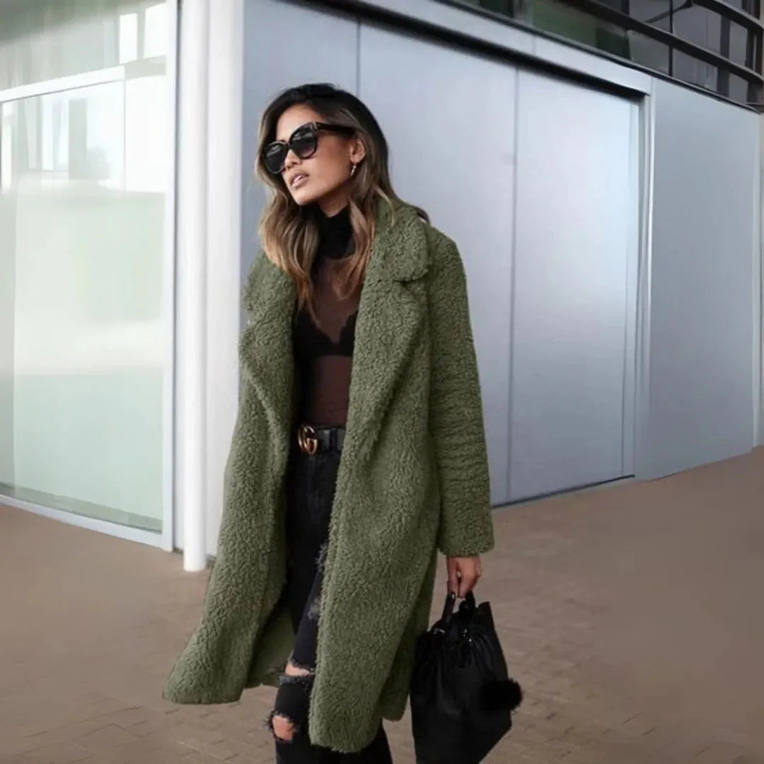 Cream teddy overcoat women notched lapel longline relaxed fit plush fleece everyday city style