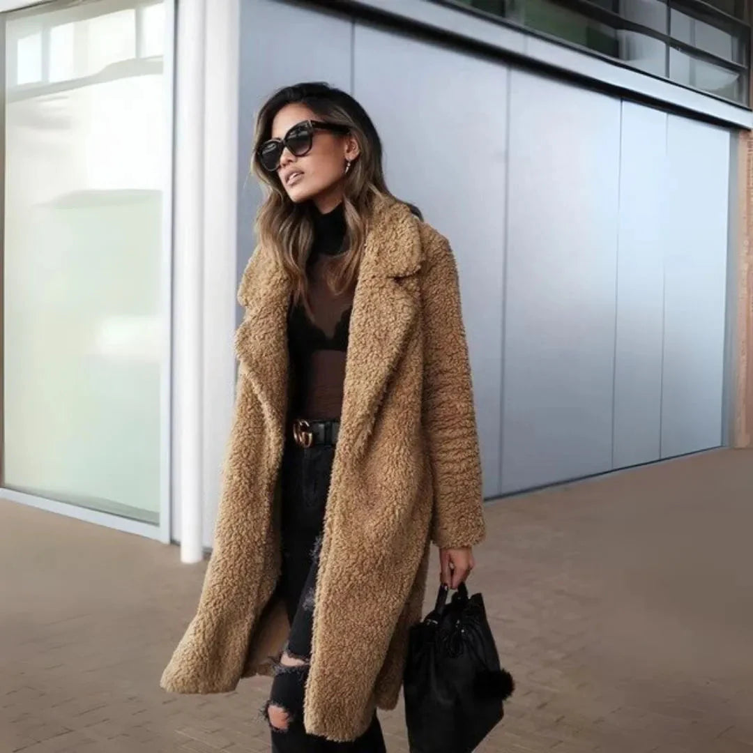 Women's longline teddy overcoat notched lapel relaxed fit plush warm neutral tone