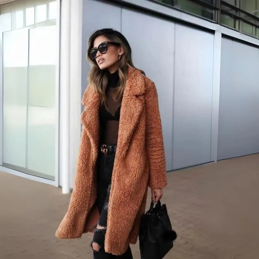 Women's cream teddy overcoat notched lapel longline relaxed fit plush warmth city style