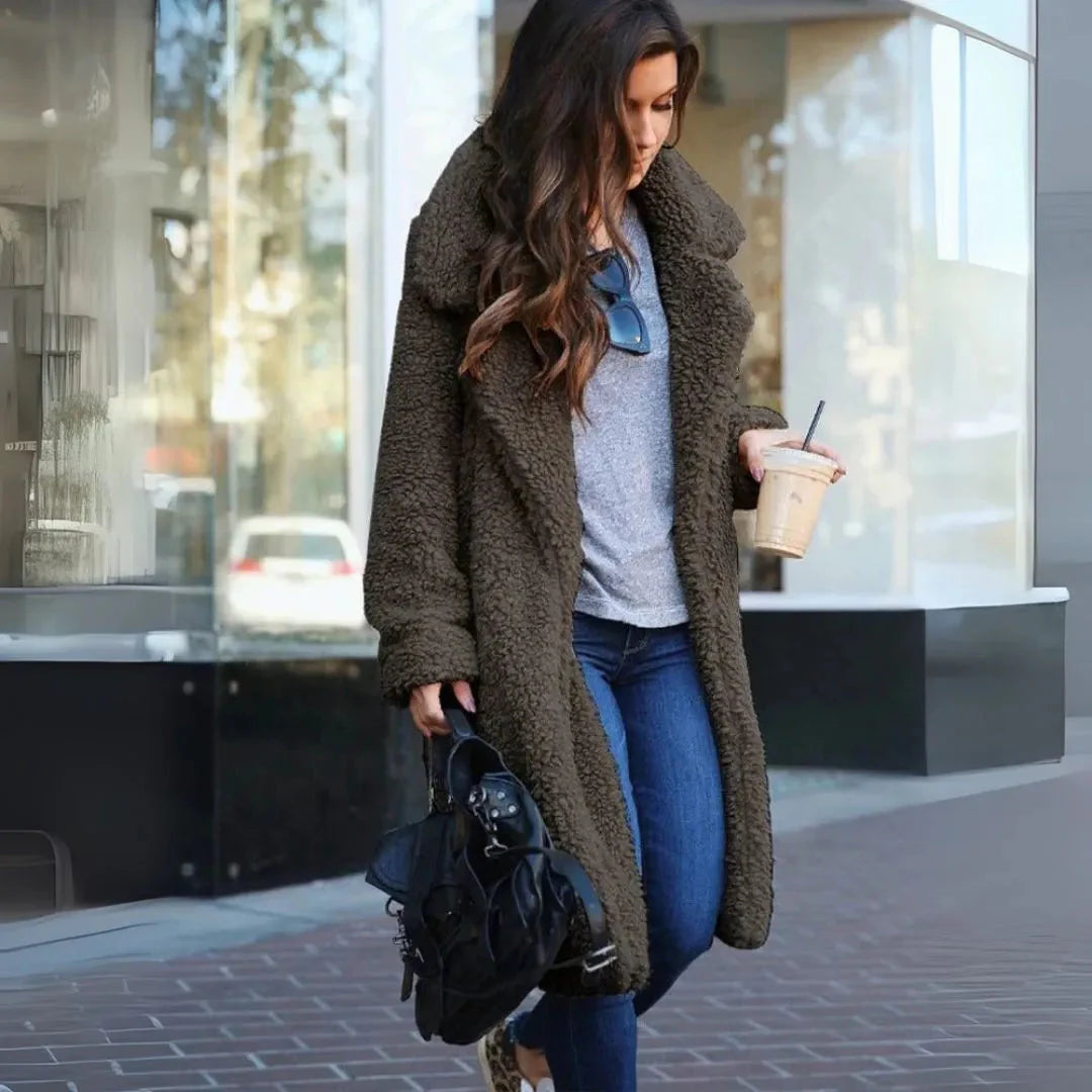 Women's cream teddy overcoat notched lapel longline relaxed fit plush cozy street style