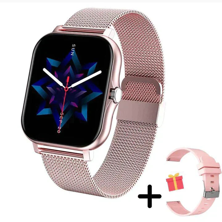 Gold mesh band smartwatch with minimalist design, sleek touchscreen display for modern professionals