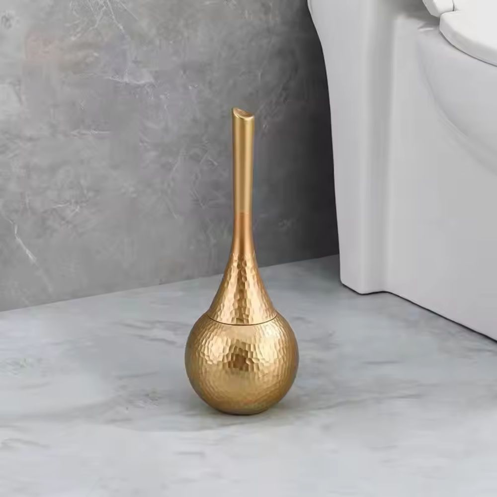 Hammered gold toilet brush with holder, modern luxury bathroom accessory with textured finish
