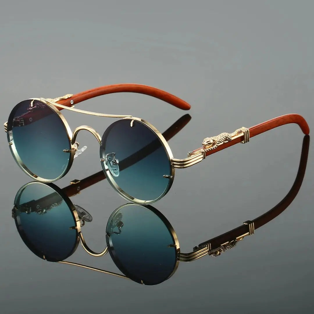 Vintage round sunglasses gold accent frame panther embellishment UV400 gradient lenses unisex lightweight