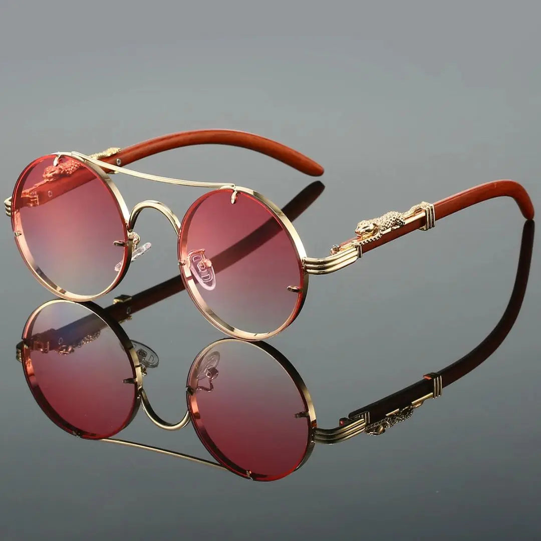Vintage round sunglasses gold accent panther frame UV400 gradient lenses lightweight unisex eyewear