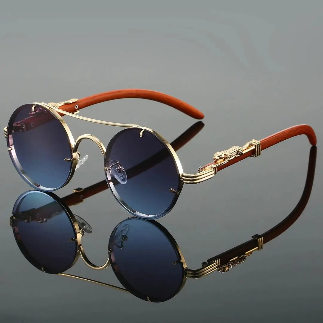 Vintage round sunglasses gold accent panther frame UV400 gradient lenses lightweight unisex eyewear