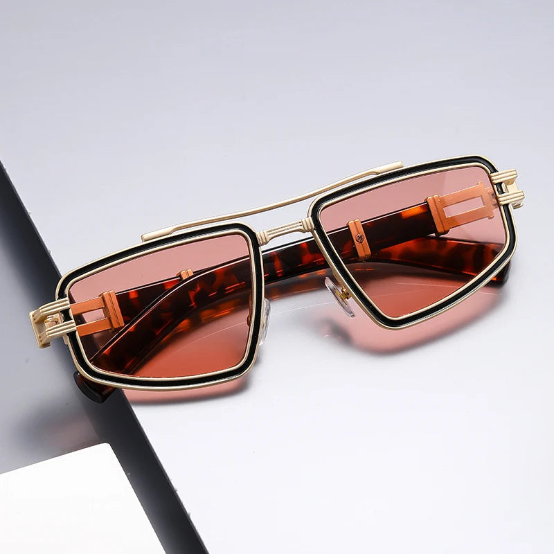 Cyberpunk angular metal sunglasses chrome electric blue UV lenses futuristic grid frame urban style