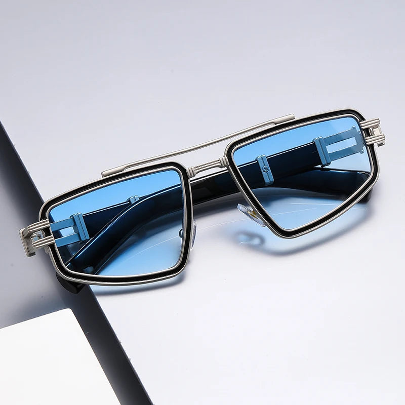 Cyberpunk angular metal sunglasses chrome electric blue UV lenses futuristic grid frame urban style