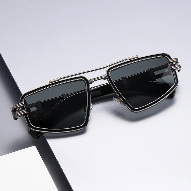 Cyberpunk angular metal sunglasses chrome electric blue UV lenses futuristic grid frame urban style