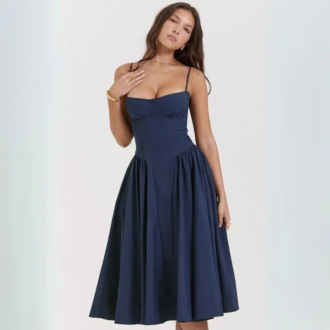 Irene black corset fit flare midi dress sculpted bustier bodice A-line silhouette women