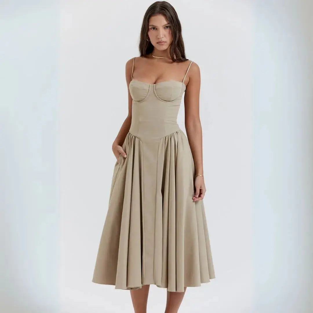 Irene corset fit flare midi dress with sculpted bustier bodice and A-line silhouette for women