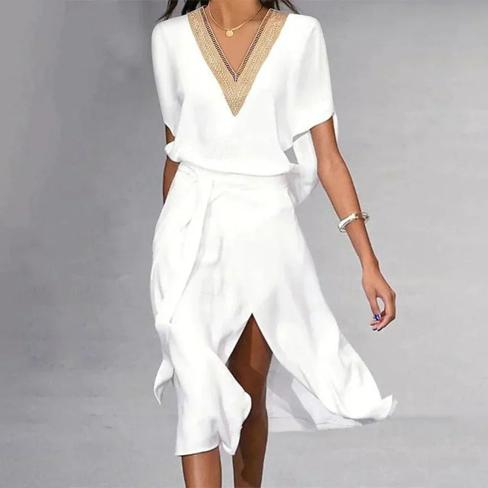 Lyra | Women's White Midi Dress V-Neck Gold Trim Short Sleeve