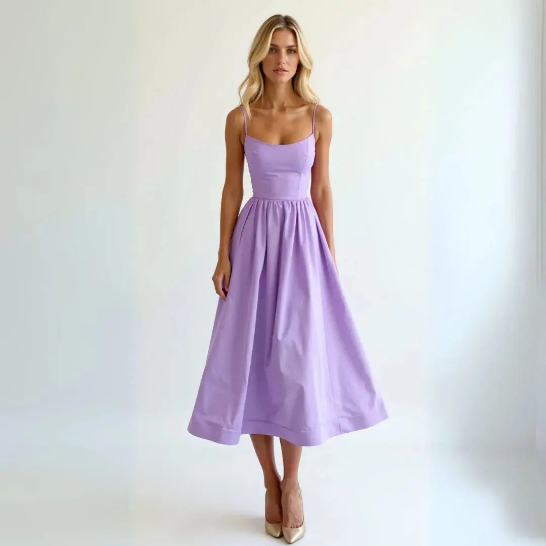 Flowy midi dress with spaghetti straps, sweetheart neckline, fit-and-flare silhouette for women