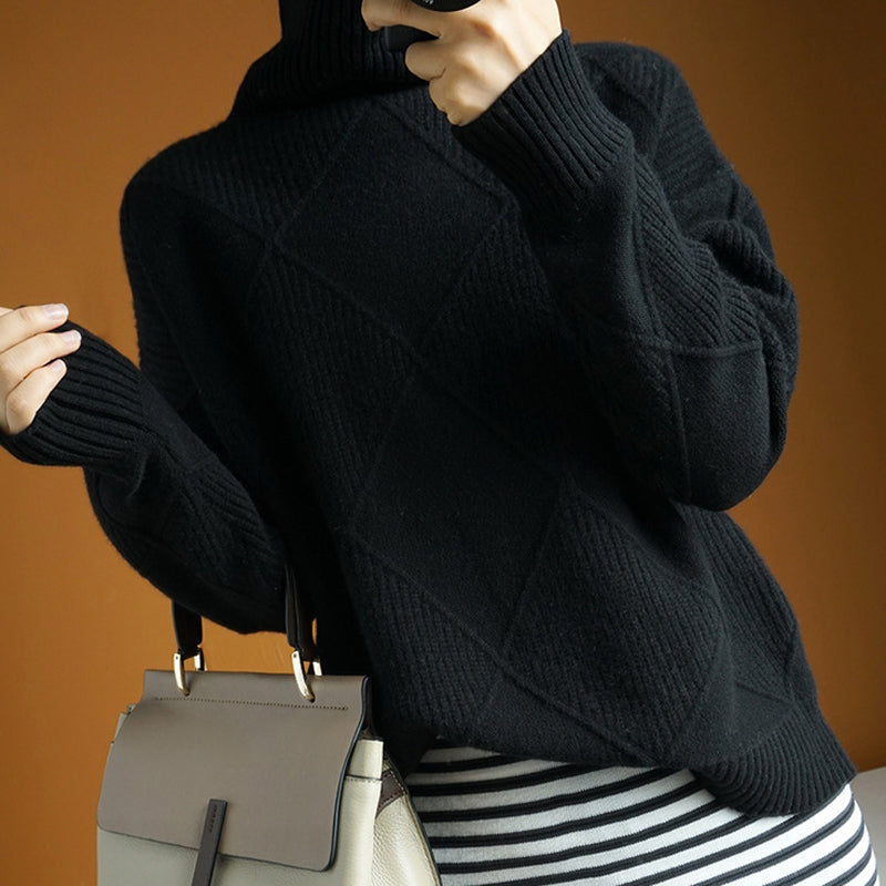 Women's ivory turtleneck pullover, cozy wool knit with subtle geometric motif and classic elegant silhouette