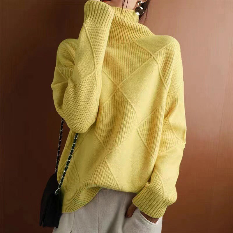 Women's ivory turtleneck knit pullover with subtle geometric motif, cozy wool-blend classic silhouette