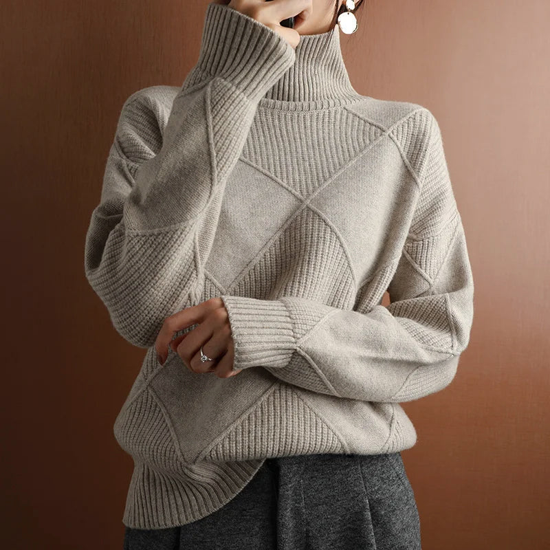 Women's ivory turtleneck pullover, cozy wool-blend knit with subtle geometric motif