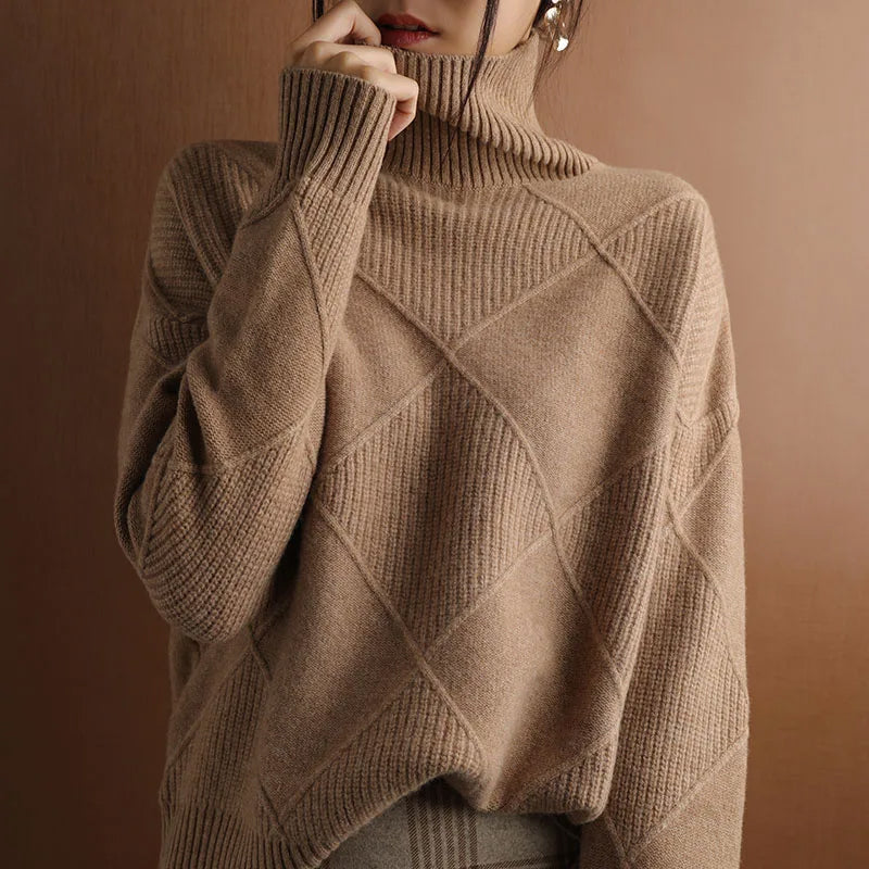 Women's ivory turtleneck pullover, cozy wool knit with subtle geometric motif and elegant classic fit
