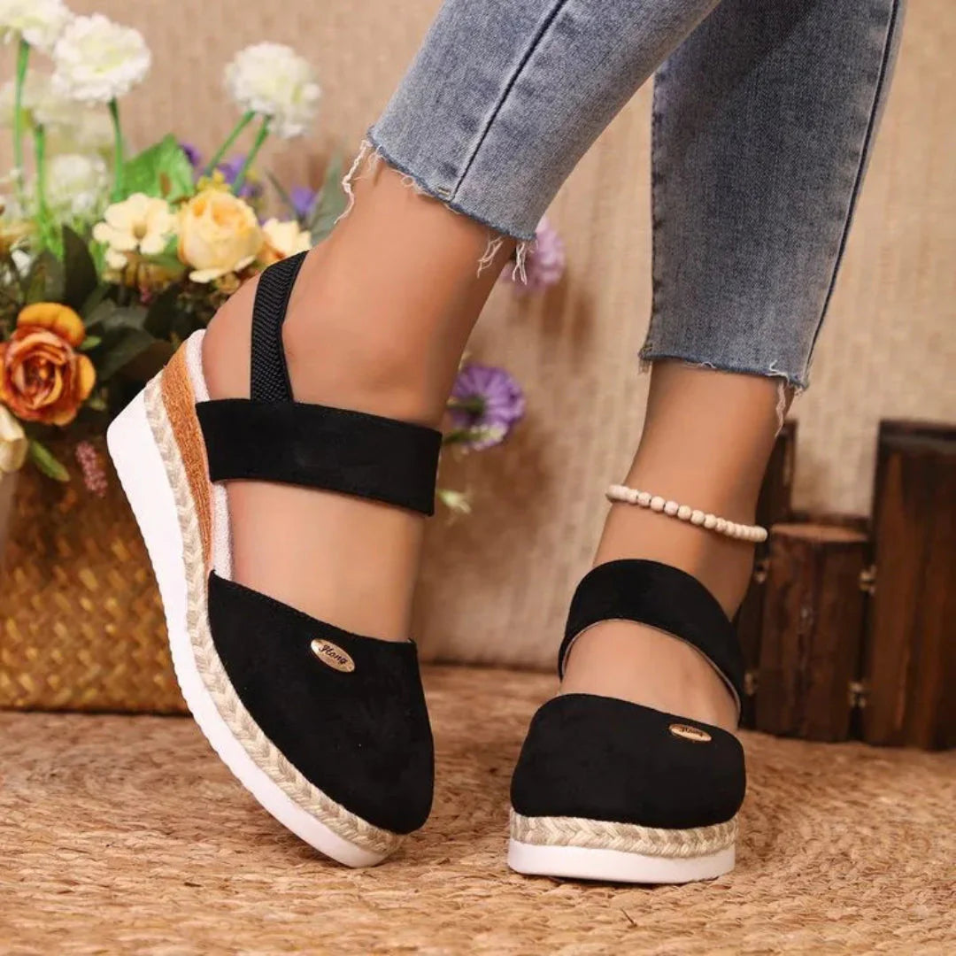 Women's closed-toe faux suede wedge sandals with jute-wrapped espadrille platform and supportive straps
