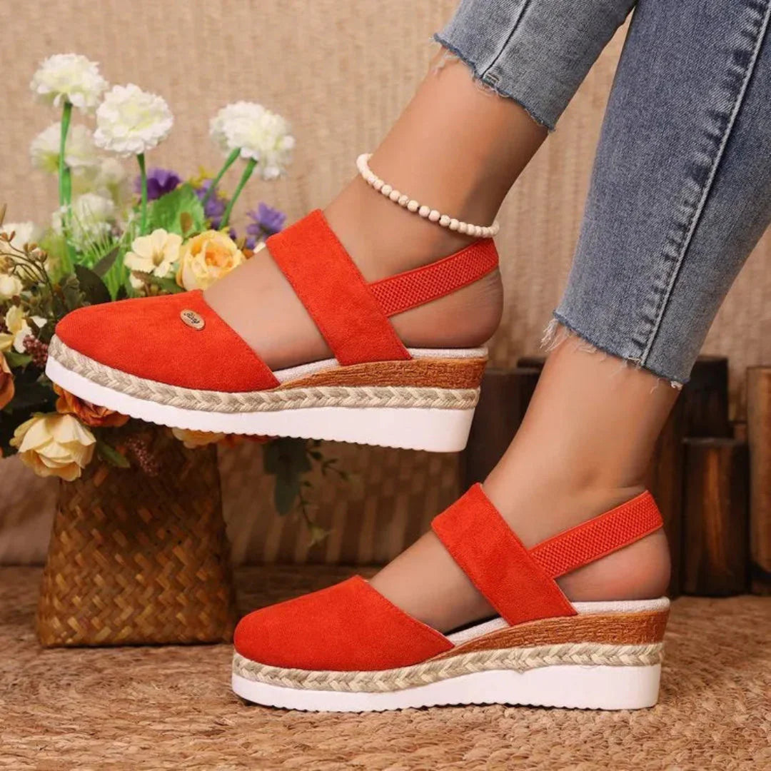 Women's closed-toe faux suede wedge sandals with jute-wrapped espadrille sole and supportive straps