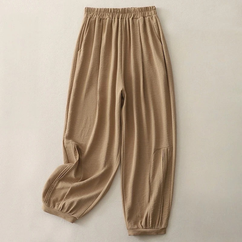 Women's relaxed-fit linen blend pants with elastic waist, tapered leg, breezy casual style