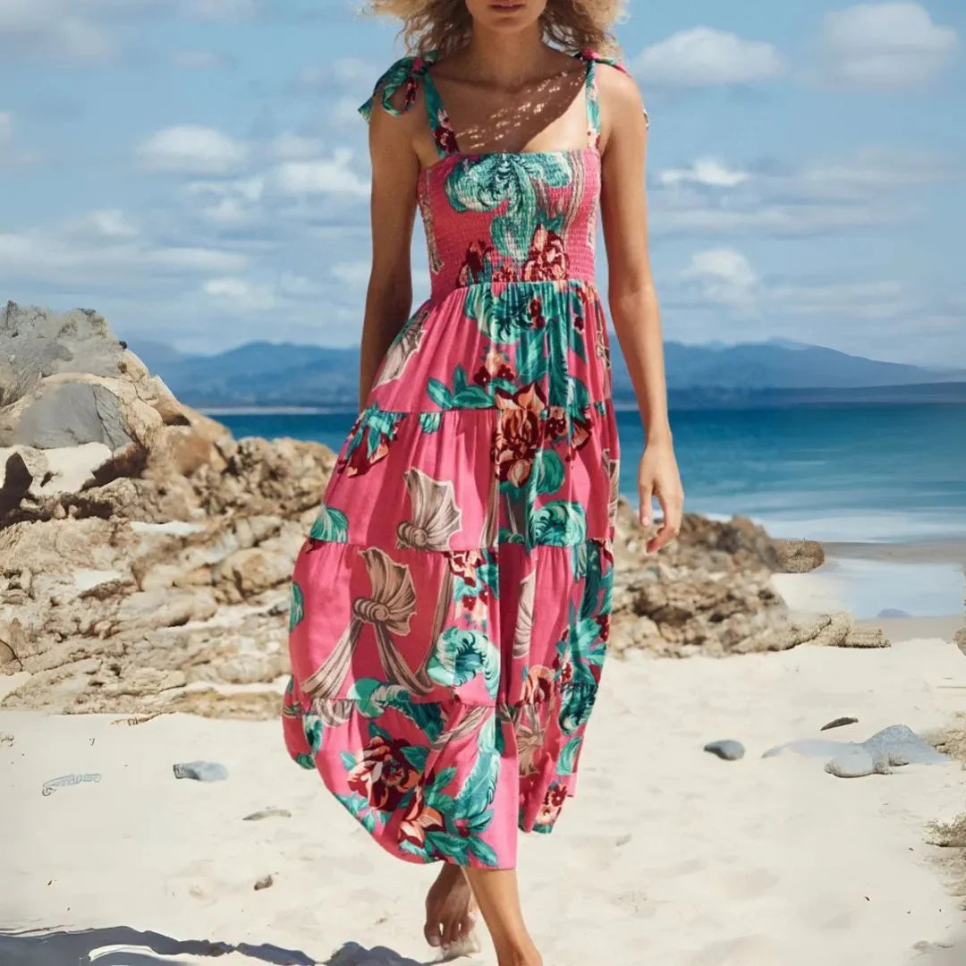 Isla floral smocked maxi dress with self-tie straps and flowy tiered A-line skirt for beach