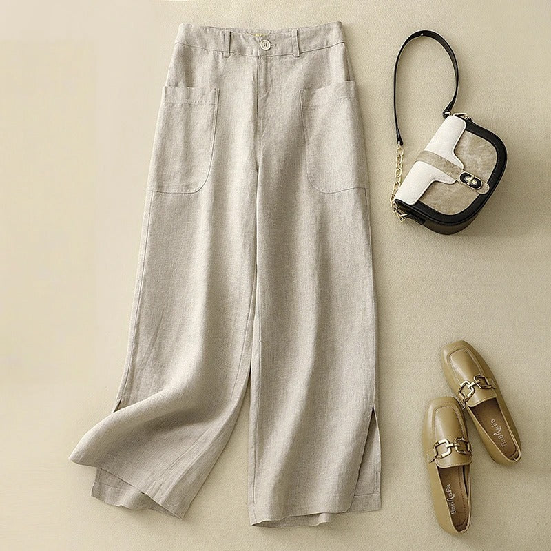 Beige linen wide-leg trousers high-rise cropped cut with front pockets and side slits
